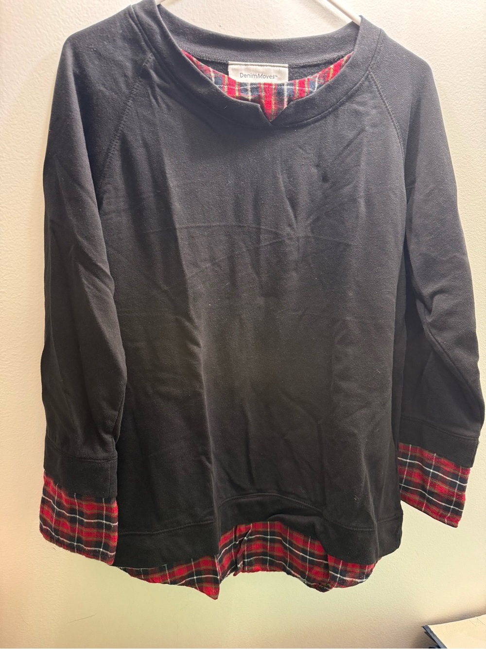LG Black Sweatshirt with Red Plaid Trim